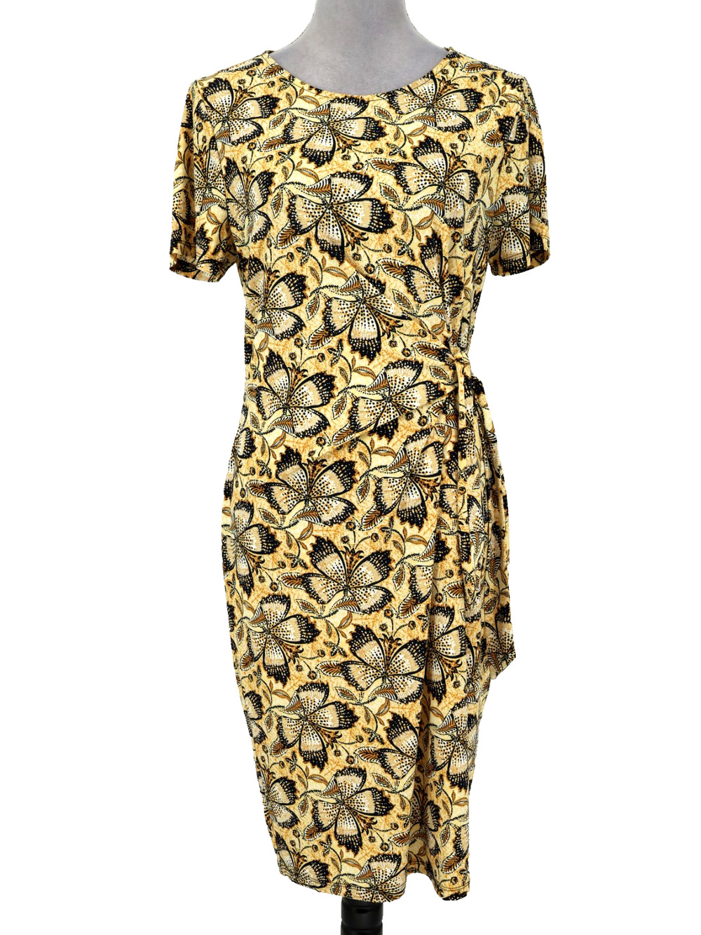 Anne Klein Dress Womens 10 Yellow Floral Stretch Knit Side Tie Faux Wrap Vintage